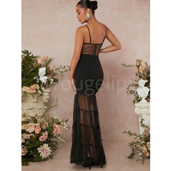 Black Lace Maxi Dress Sheer Details Flared Mermaid Skirt - Picture 2 of 8